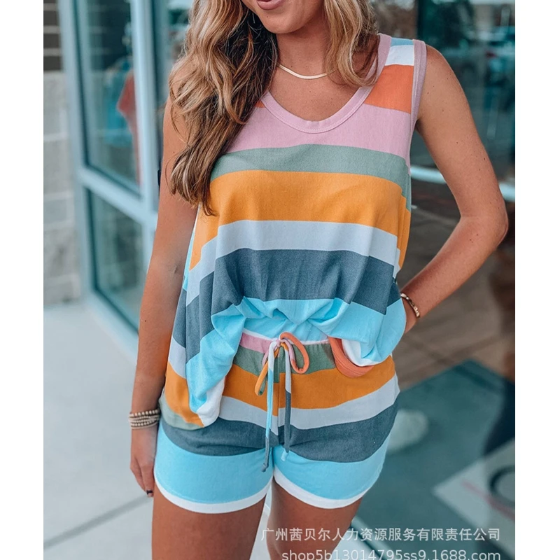 Women Striped Loose Outfit Summer Sleeveless Round Neck Pullover Vest Lace-up Mid Waist Pocket Straight Shorts Suit 2 Piece Suit
Women Striped Loose Outfit Summer Sleeveless Round Neck Pullover Vest Lace-up Mid Waist Pocket Straight Shorts Suit 2 Piece Suit