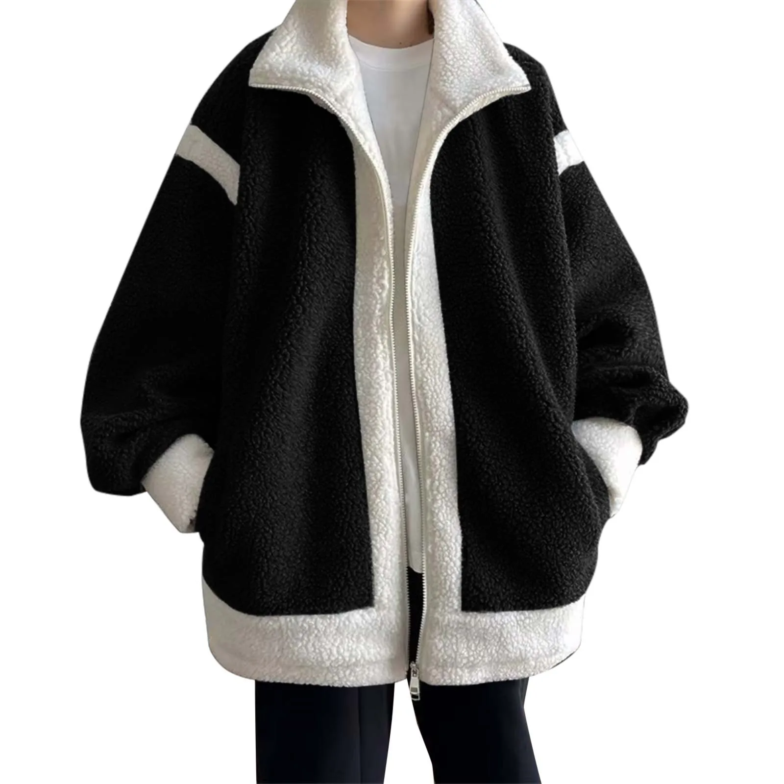 

Мужское флисовое пальто с контрастной лицевой отделкой, зимнее утепленное свободное хлопковое пальто, уличная одежда, повседневное Модное теплое пальто для мужчин