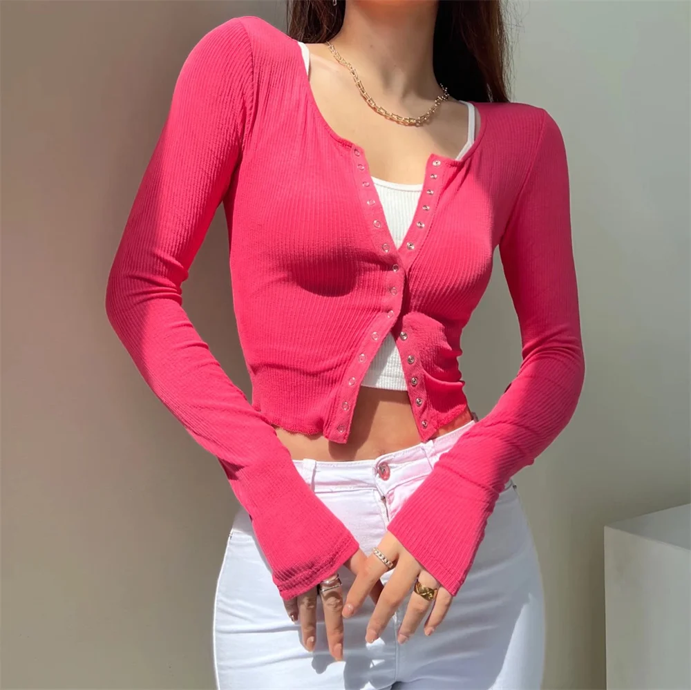 Spring autumn new casual solid color single-breasted long-sleeved T-shirt women's sexy hot girl outfit round neck tight T-shirt
Spring autumn new casual solid color single-breasted long-sleeved T-shirt women's sexy hot girl outfit round neck tight T-shirt
