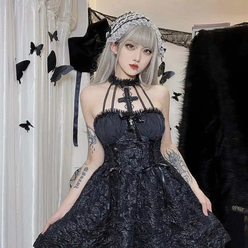 Women Cross Neck Gothic Sexy Lace Bodice Long Sleeve Dress Punk Bandage Halloween Style Fashion Princess Dress 
Women Cross Neck Gothic Sexy Lace Bodice Long Sleeve Dress Punk Bandage Halloween Style Fashion Princess Dress