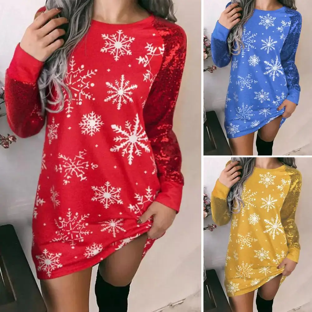 Women O-Neck Long Sleeve Pullover Hip Wrap Dress Christmas Snowflake Print Sequins Stitching Mini Dresses for women 2022 Vestido
Women O-Neck Long Sleeve Pullover Hip Wrap Dress Christmas Snowflake Print Sequins Stitching Mini Dresses for women 2022 Vestido