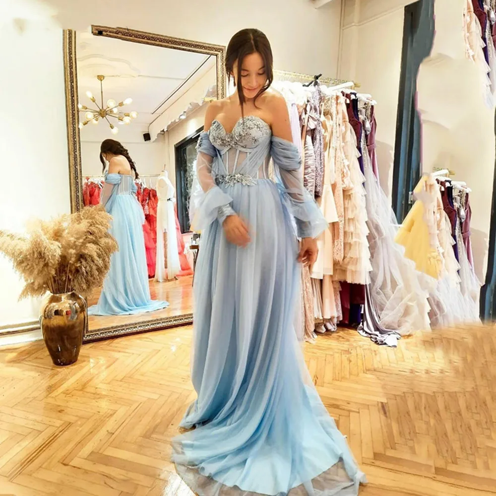 

Light Sky Blue Prom Dresses Boho Off The Shoulder Long Sleeves Formal Evening Party Gowns Lace Illusion Exposed Boning Bodice