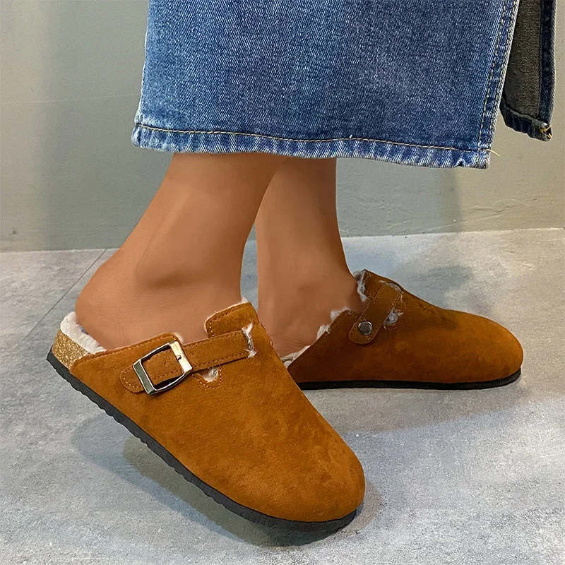 Женские домашние мюли на плоской подошве, повседневные Шлепанцы из хлопка с мехом, дизайнерские шлепанцы с ремешком на пятке, для зимы, 2024 
Женские домашние мюли на плоской подошве, повседневные Шлепанцы из хлопка с мехом, дизайнерские шлепанцы с ремешком на пятке, для зимы, 2024