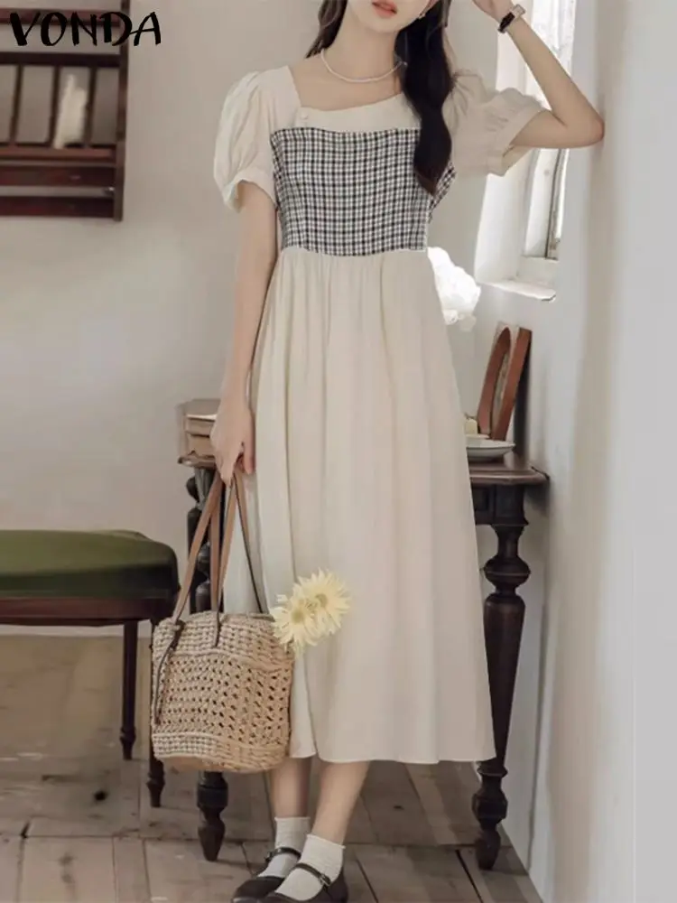VONDA Women Plaid Dress 2023 Casual Square Neck Short Sleeved Patchwork Long Dress Fashion Summer Sundress Loose Robe Femme
VONDA Women Plaid Dress 2023 Casual Square Neck Short Sleeved Patchwork Long Dress Fashion Summer Sundress Loose Robe Femme