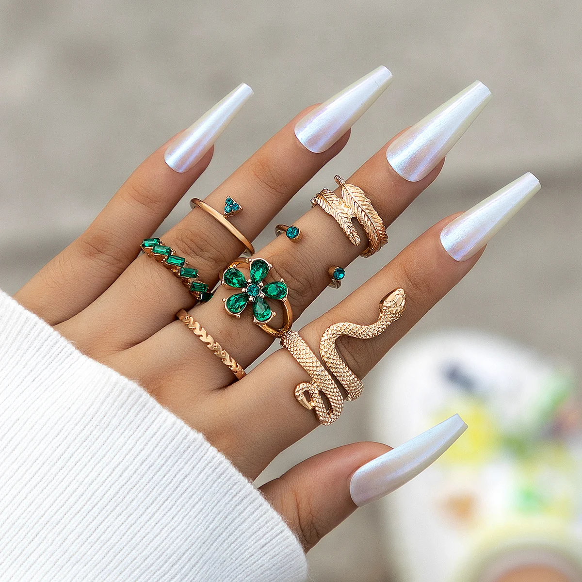 Tocona Luxury Green Crystal Stone Snake Joint Ring Sets for Women Pretty Flowers Leaf Alloy Metal Jewelry Anillo 7pcs/sets 22481
Tocona Luxury Green Crystal Stone Snake Joint Ring Sets for Women Pretty Flowers Leaf Alloy Metal Jewelry Anillo 7pcs/sets 22481