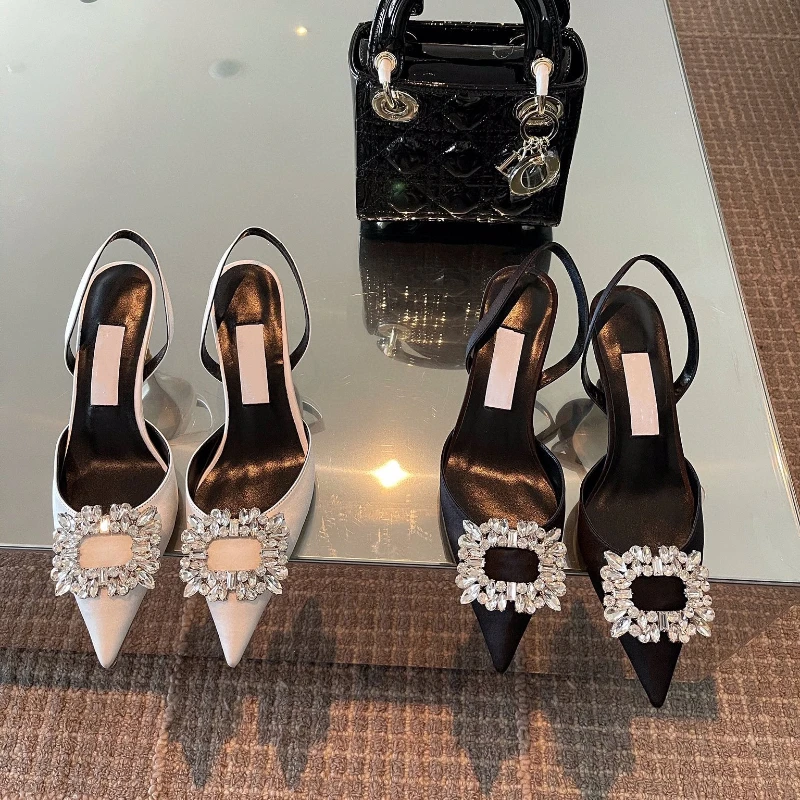 

2023 New Style High-heeled Rhinestone Square Button Pointed Sandals Women's Thin Heel Side Empty Back Trip Belt Women's Shoes