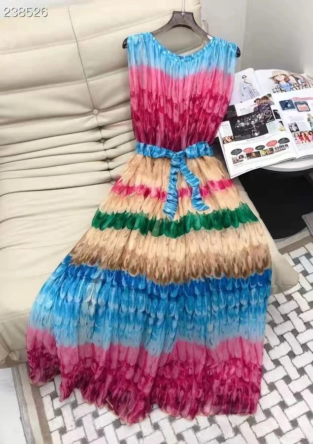 Женское праздничное платье без рукавов, Радужное платье с круглым вырезом и поясом, 2023 
Женское праздничное платье без рукавов, Радужное платье с круглым вырезом и поясом, 2023