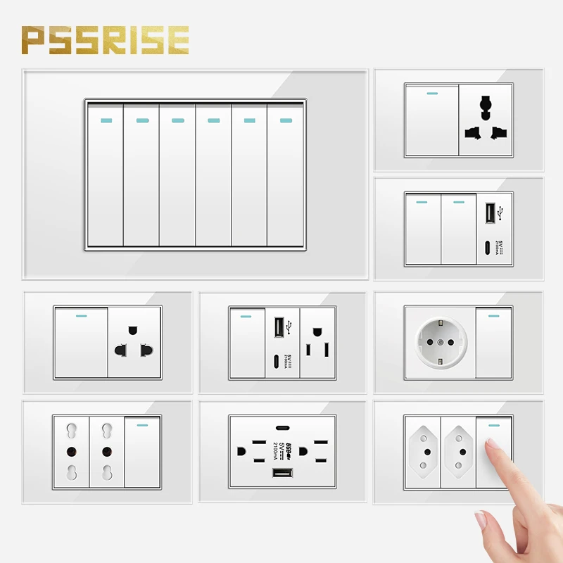 PSSRISE 118 Brazil Thai US Wall Light Switch Power Socket with 5V 2.1A USB Type-c Charger White Tempered Glass Panel Wall Outlet
PSSRISE 118 Brazil Thai US Wall Light Switch Power Socket with 5V 2.1A USB Type-c Charger White Tempered Glass Panel Wall Outlet