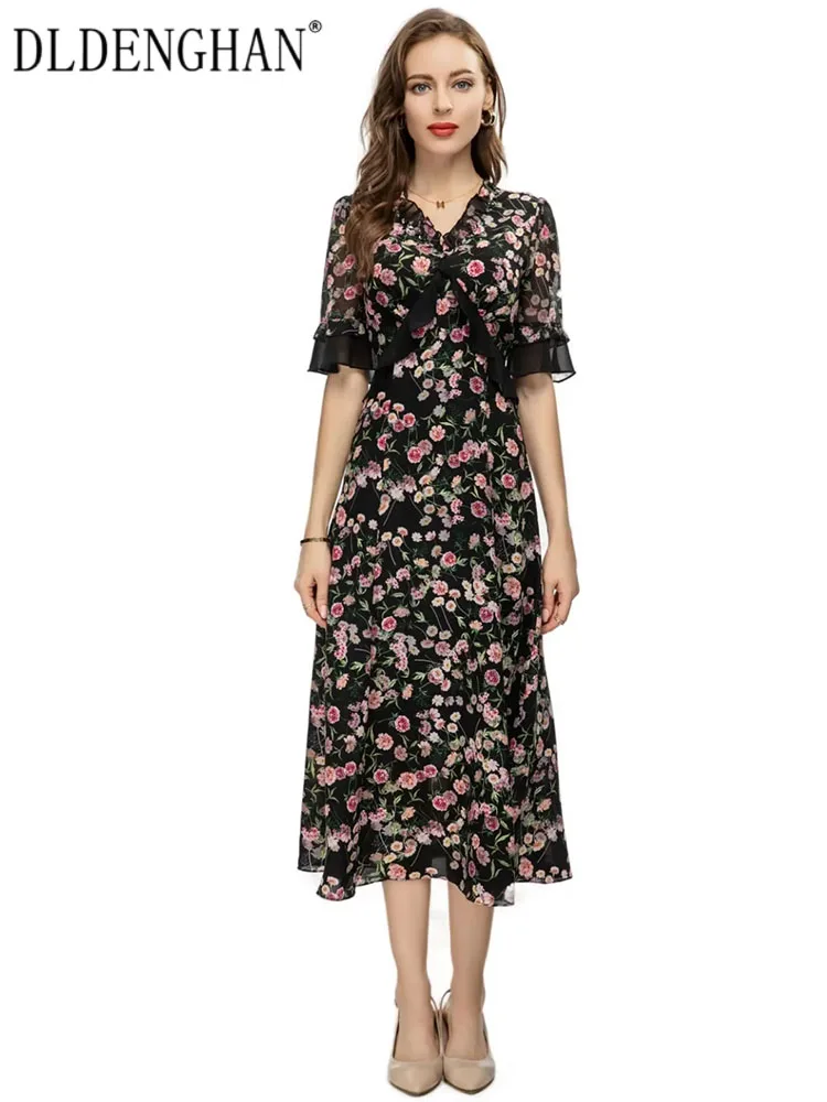 Платье DLDENGHAN женское с V-образным вырезом, модельное винтажное миди-платье с расклешенным рукавом, оборками и цветочным принтом, весна-лето 
Платье DLDENGHAN женское с V-образным вырезом, модельное винтажное миди-платье с расклешенным рукавом, оборками и цветочным принтом, весна-лето