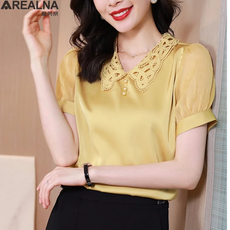 Шелковые рубашки, женские блузки с коротким рукавом, Женская атласная рубашка, Офисная Женская кружевная шифоновая блузка с круглым воротн...
Шелковые рубашки, женские блузки с коротким рукавом, Женская атласная рубашка, Офисная Женская кружевная шифоновая блузка с круглым воротн...