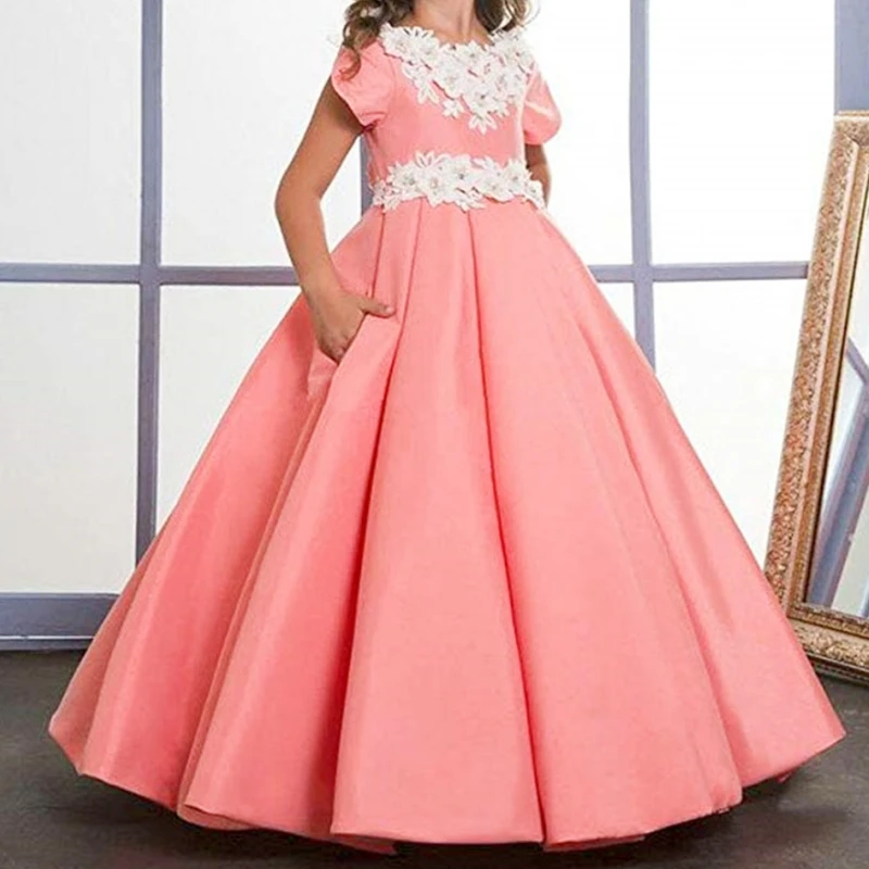 

Flower Girl Dresses Applique For Wedding Party First Communion Short Sleeve Pageant Dress A-line Lovely Taffeta Gowns