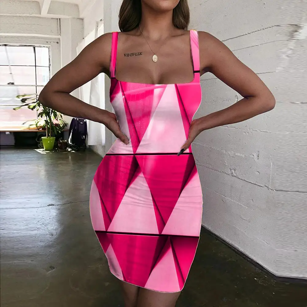 

KYKU Brand Three-Dimensional Dress Women Geometric Ladies Dresses Pink Vestido Sexy Dizziness 3d Print Sundress Womens Clothing