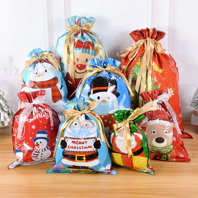 

5pcs Christmas Candy Gift Bag Plastic Drawstrings Presents Packaging Bags Merry Xmas Decorations For Home New Year 2023 Navidad