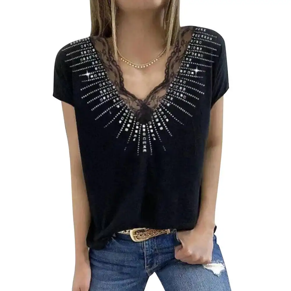 Sexy Women's Top Beaded Solid Color Womens Tee Shirt Lace Spliced Top Female V Neck Sequine Summer Top Slim Short Sleeve Tee
Sexy Women's Top Beaded Solid Color Womens Tee Shirt Lace Spliced Top Female V Neck Sequine Summer Top Slim Short Sleeve Tee