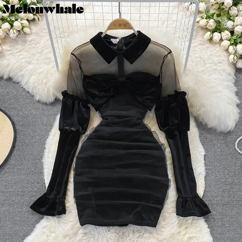 MelonWhale Women Black Mesh Slim Mini Dress Velvet Mesh Hollow Out Turn-down Collar Long Sleeve Fashion Tide Spring Summer M341 
MelonWhale Women Black Mesh Slim Mini Dress Velvet Mesh Hollow Out Turn-down Collar Long Sleeve Fashion Tide Spring Summer M341