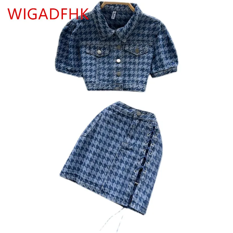 

Retro Houndstooth Jacquard Denim Suit Women's Summer Single-breasted Cropped Top High-waisted Strappy Skirt Chic Two-piece Set