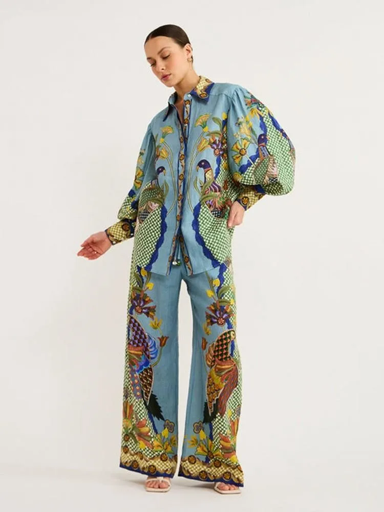 

Женский комплект из двух предметов RDMQ, однобортная рубашка с длинными рукавами-фонариками, отворотами и широкими штанинами с цветочным принтом и птицами, 2023