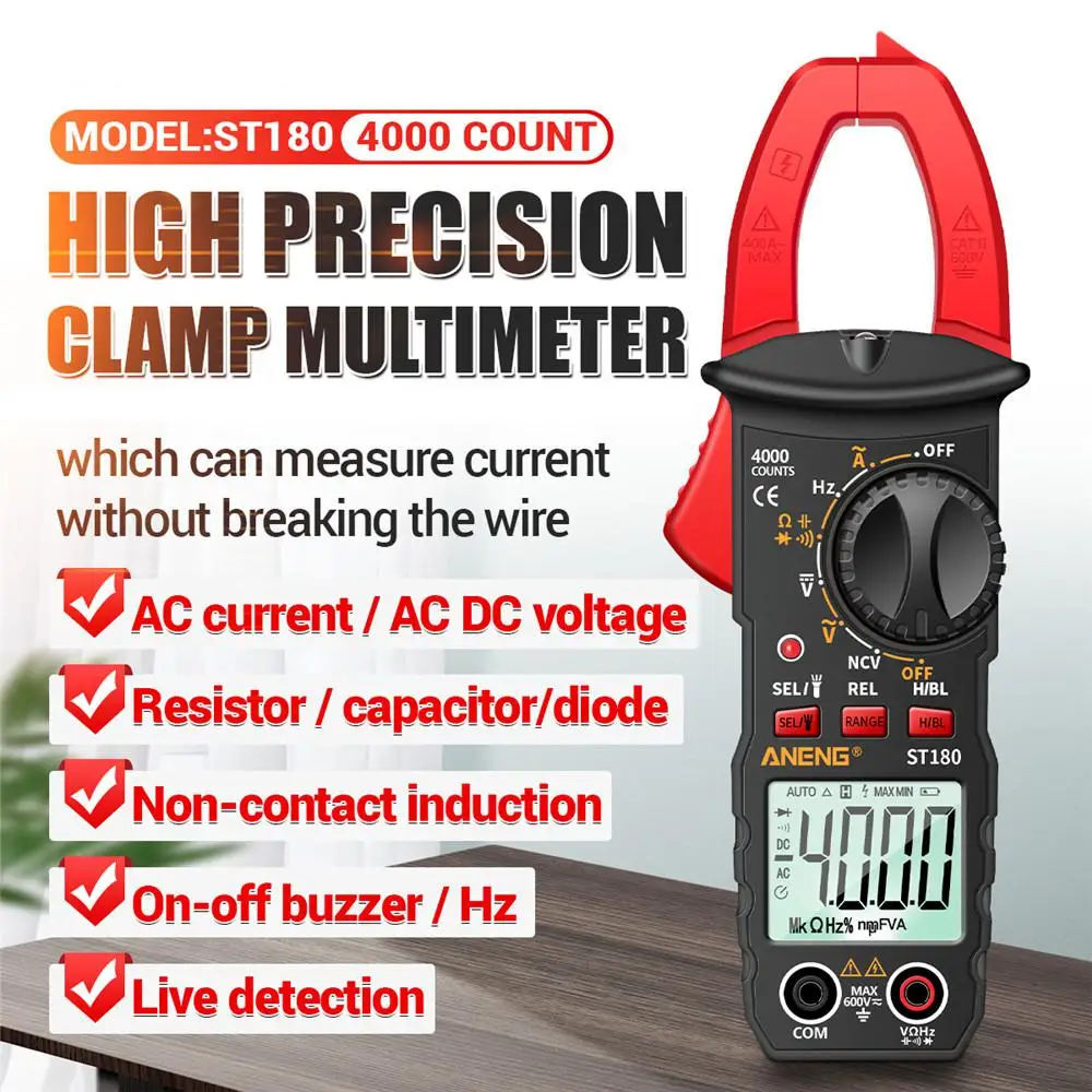 

ANENG ST180 4000 Counts Digital Clamp Meter DC/AC Current Multimeter Ammeter Voltage Tester Car Amp Hz Capacitance NCV Ohm Test