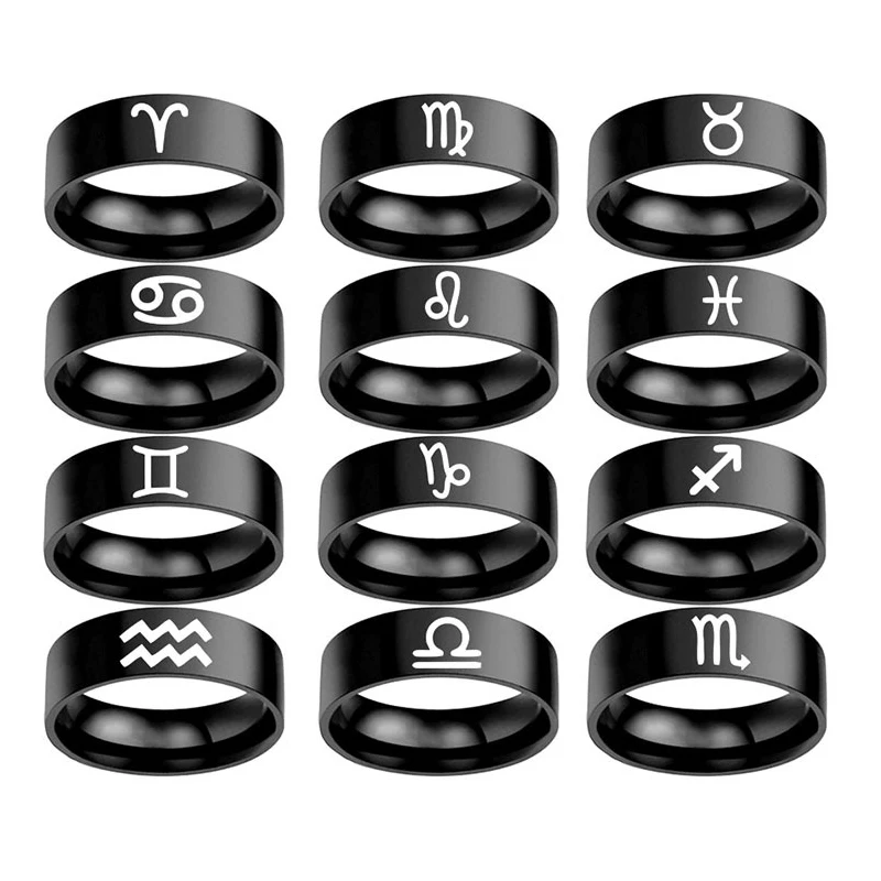 

NUOBING 12 Constellations Zodiac Sign Finger Rings Women Girls Black Color Stainless Steel Ring Anel Anillos Charm Jewelry Gifts