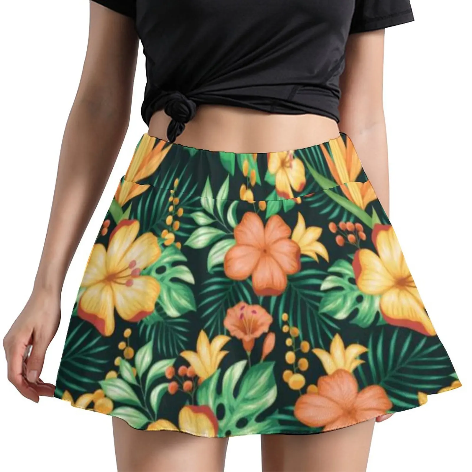 

Юбка-трапеция с цветочным принтом, повседневная элегантная мини-юбка в уличном стиле, с тропическим, оранжевым, зеленым цветочным принтом, б...