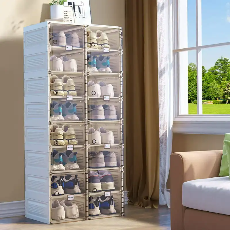 Shoe Storage Organizer, Installation-Free Shoe Box with Transparent Doors, 2-16 Grid Stackable Shoe Cabinet for Hallway, Living 
Shoe Storage Organizer, Installation-Free Shoe Box with Transparent Doors, 2-16 Grid Stackable Shoe Cabinet for Hallway, Living