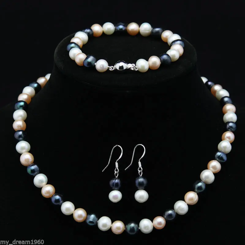 Natural 8-9mm White Pink Black Freshwater Pearl Necklace Bracelet Earrings Set
Natural 8-9mm White Pink Black Freshwater Pearl Necklace Bracelet Earrings Set