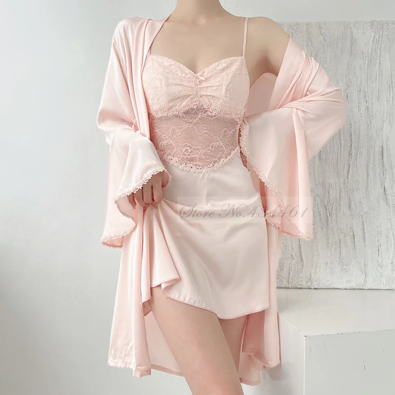 

Sexy Female Twinset Robe Set Patchwork Perspective Lace Suspender Nightdress Summer Kimono Bathrobe Gown Casual Rayon Home Wear