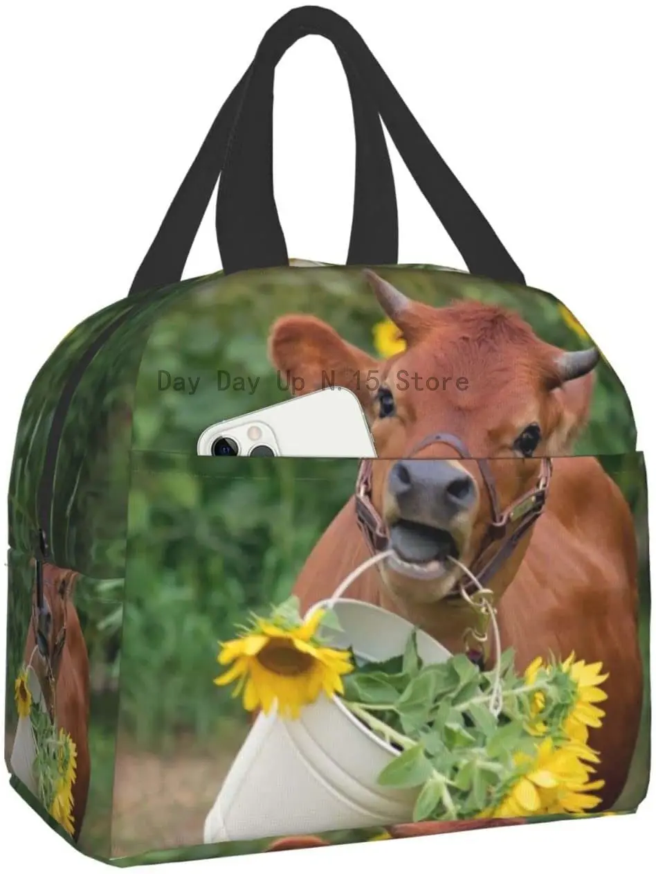 

Cow In Sunflowers Printed Insulated Lunch Tote Bags, Used As Lunch Bags, Picnic Bags, Sundries Bags Or Shopping Bags 8.5x5x8in