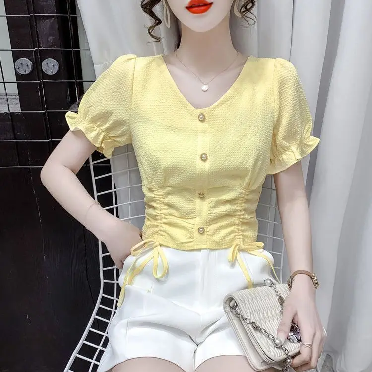 Summer 2023 New V-neck Short Sleeve Chiffon Shirt Women's Design Sense Niche Drawstring Waist Cropped Top
Summer 2023 New V-neck Short Sleeve Chiffon Shirt Women's Design Sense Niche Drawstring Waist Cropped Top