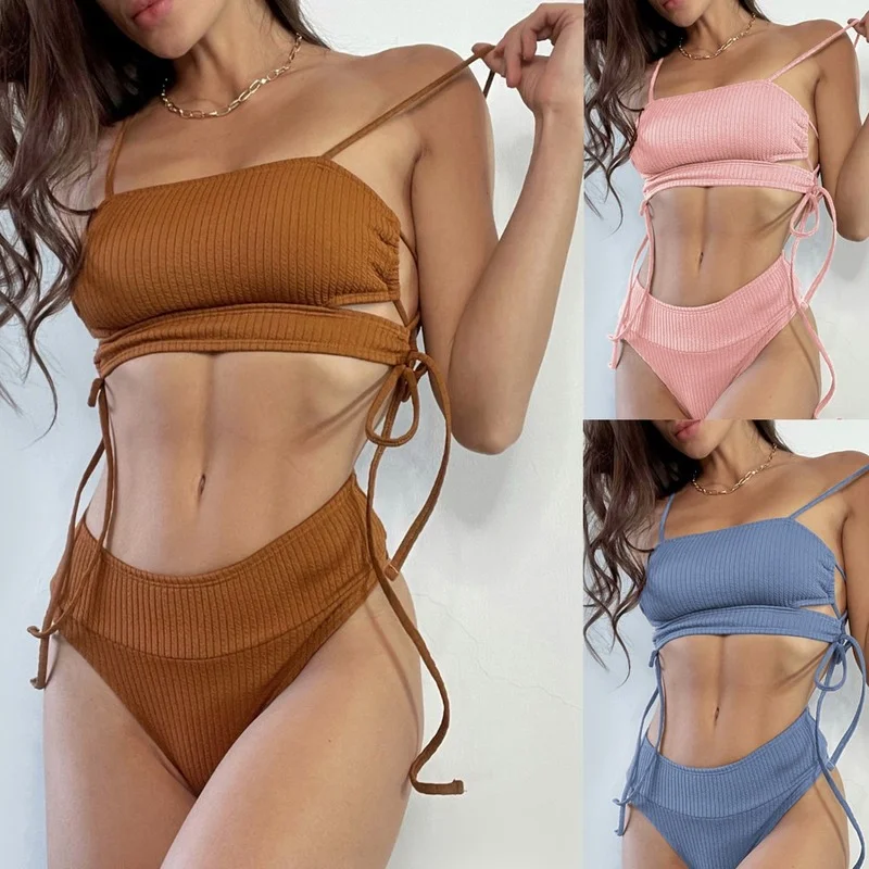 

Push Up Bikinis Sexy Women Swimsuit Female Swimwear Rib Criss Bikini Set High Waisted Bathing Suit Swimming Suit Biquini X134