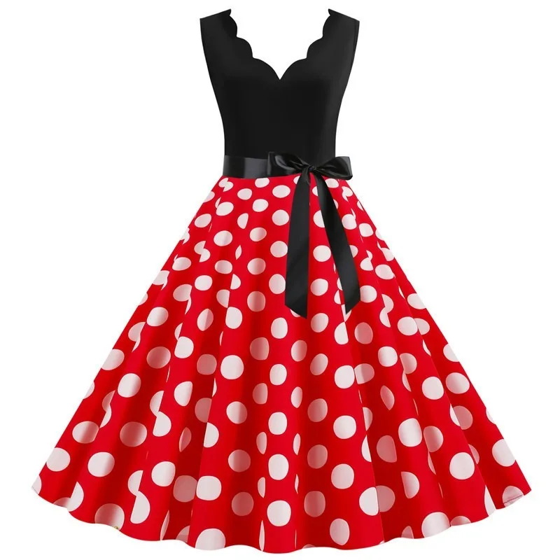 

Women's Vintage 1950s Fashionable Stitching Retro Polka Dot Printed Sleeveless Burnt Flower Polka Dot Printed Party Swing Dress