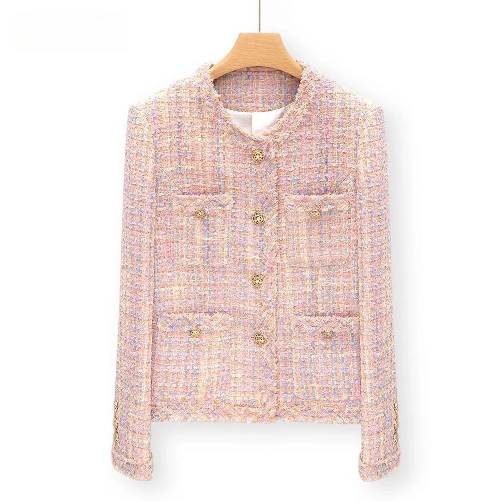Женская твидовая куртка, элегантное короткое пальто с круглым вырезом и карманами, осень 2023