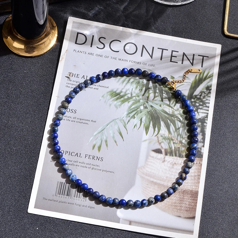 

6mm Natural Lapis Lazuli Beaded Strand Choker Necklace For Women Jewelry Stainless Lobster Clasp Birthday Gifts For Her 16"