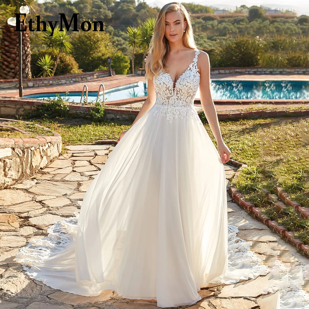 Ethymon V-Neck Wedding Dresses Chiffon For Bride Spaghetti Straps Sleeveless Personalised Vestido De Casamento Button Appliques
Ethymon V-Neck Wedding Dresses Chiffon For Bride Spaghetti Straps Sleeveless Personalised Vestido De Casamento Button Appliques