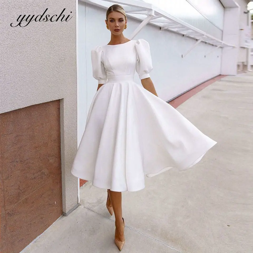 2022 New White Simple Short O-Neck Wedding Dresses Short Puff Sleeves Backless A-Line Bridal Gown Satin Elegant Vestido De Novia
2022 New White Simple Short O-Neck Wedding Dresses Short Puff Sleeves Backless A-Line Bridal Gown Satin Elegant Vestido De Novia