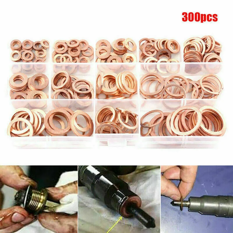

300pcs/box Copper Washer Solid Gasket Nut and Bolt Set Boat Crush Flat Ring Seal Assortment Kit with Box 12 Sizes for Sump Plugs