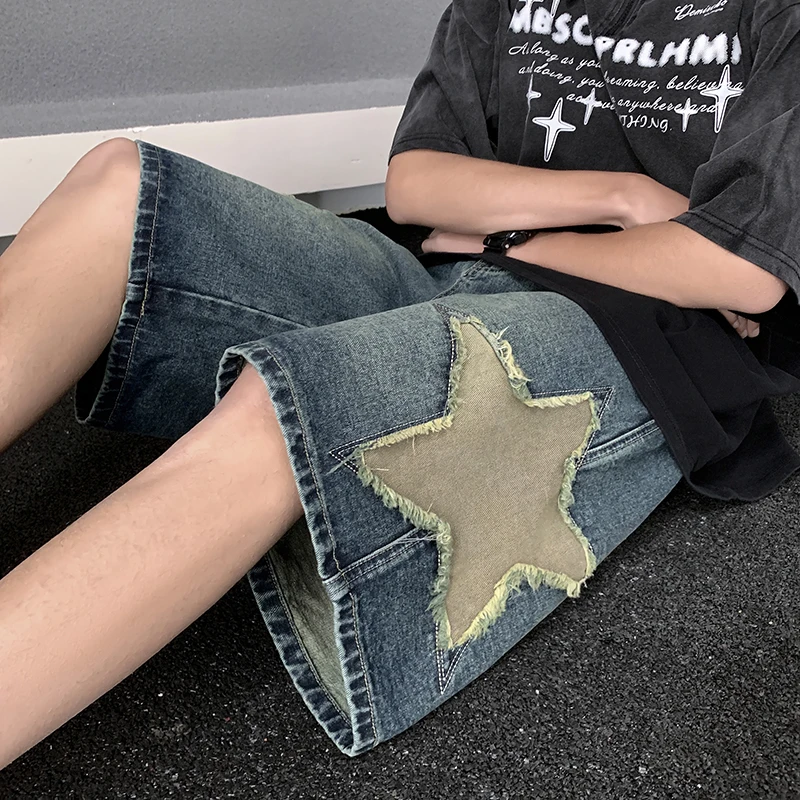 

Шорты Y2K мужские джинсовые в стиле Харадзюку, уличные бриджи со звездами, короткие брюки-карго из денима в стиле хип-хоп, брюки-бермуды