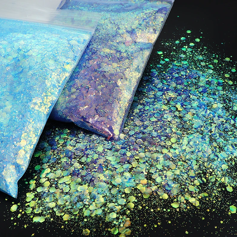 

50G Mermaid Nail Glitter Powder Supplies Shiny Mixed Hexagon Chunky Bulk Sparkly Translucent Flake Decorations Manicure Pigments