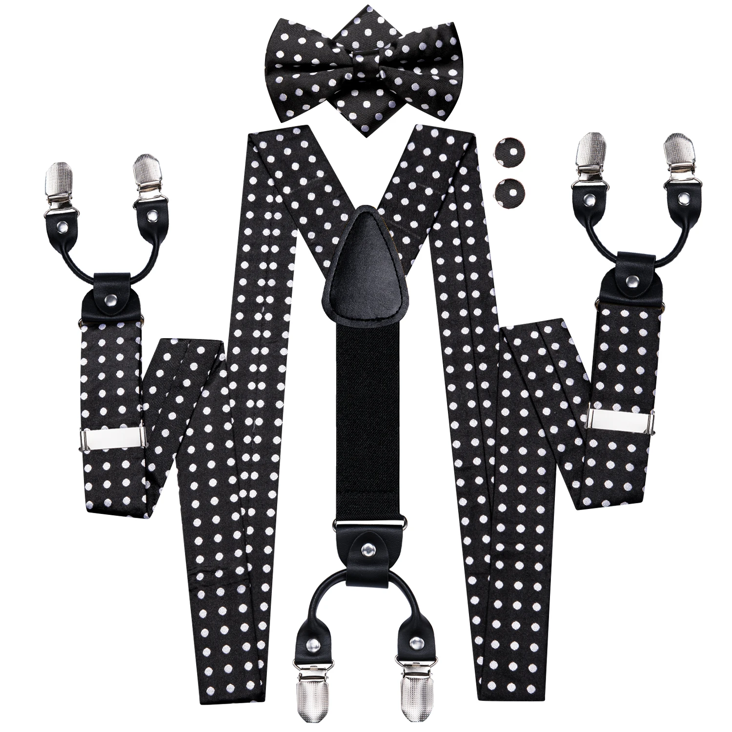 Hi-Tie Jacquard Dots Black White Silk Mens Braces Bowtie Hanky Cufflinks Set Adjustable Clip On Suspender Bow tie for Male Gift
Hi-Tie Jacquard Dots Black White Silk Mens Braces Bowtie Hanky Cufflinks Set Adjustable Clip On Suspender Bow tie for Male Gift