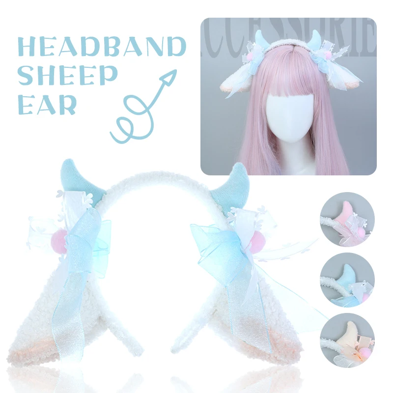 

Cosplay Lolita Lamb Ears Headband with Bows Plush Sheep Ears Headband Animal Ears Hair Bands Anime Halloween Party Headdress