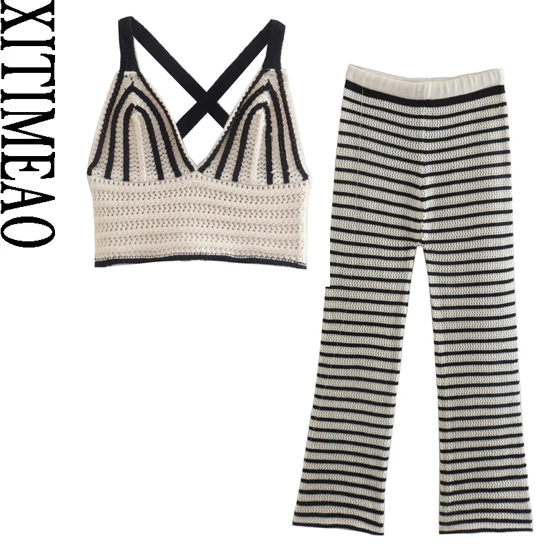 Xitimeao Women Fashion Striped Knitted Tank Tops Vintage Backless Criss-cross Straps Female And High Waist Knitted Trousers
Xitimeao Women Fashion Striped Knitted Tank Tops Vintage Backless Criss-cross Straps Female And High Waist Knitted Trousers