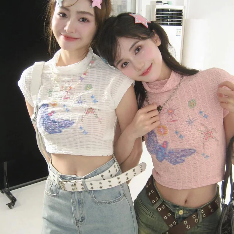 Hikigawa 2023 Summer Graffiti Print Sleeveless T-shirts Streetwear Y2k Half High Collar Chic Fashion Women Texture Tank Tops 
Hikigawa 2023 Summer Graffiti Print Sleeveless T-shirts Streetwear Y2k Half High Collar Chic Fashion Women Texture Tank Tops