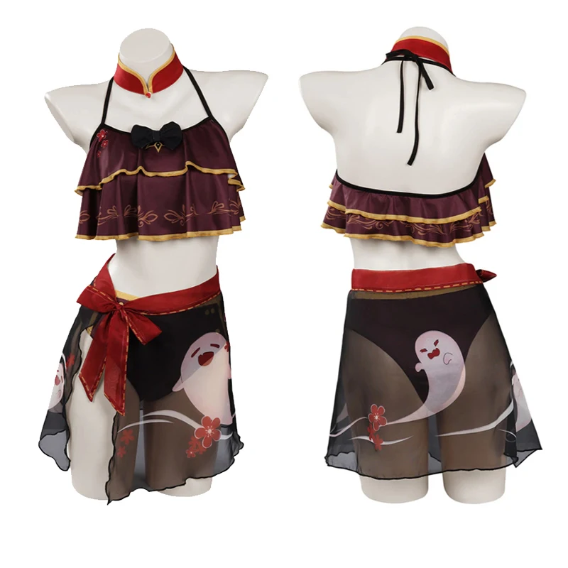 

Genshin Impact Hutao Cosplay бикини с ремешками Lolita оборки укороченные трусики и юбка с запахом костюм-тройка купальники