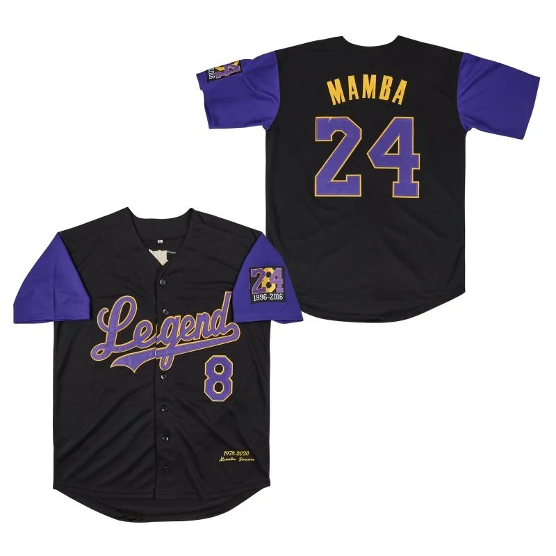 

BG baseball jerseys Legend 8 24 Mamba jersey Outdoor sportswear Embroidery sewing Black Hip-hop Street culture Purple sleeves