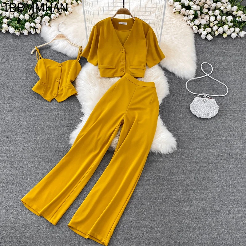 Vintage Women Three Pieces Set Elegant V-Neck Short Blouse + Strap Camis + Wide Leg Pants Suit Green/Red/Yellow Spring Fall 
Vintage Women Three Pieces Set Elegant V-Neck Short Blouse + Strap Camis + Wide Leg Pants Suit Green/Red/Yellow Spring Fall