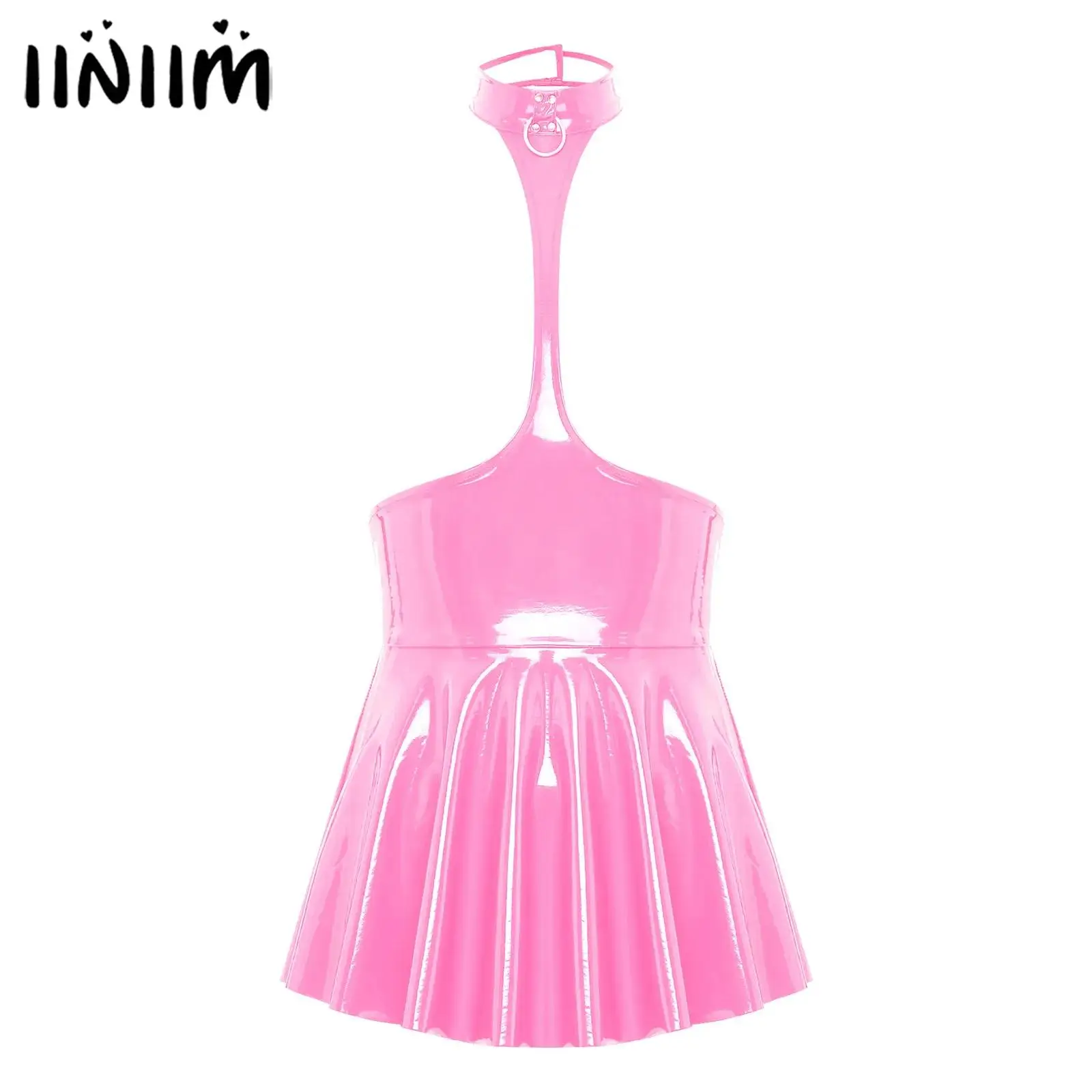 

Womens Halter Sexy Club Latex Dress with 2 Press Buttons Open Chest Halter Ruffled Wet Look Patent Leather Latex Dress Clubwear