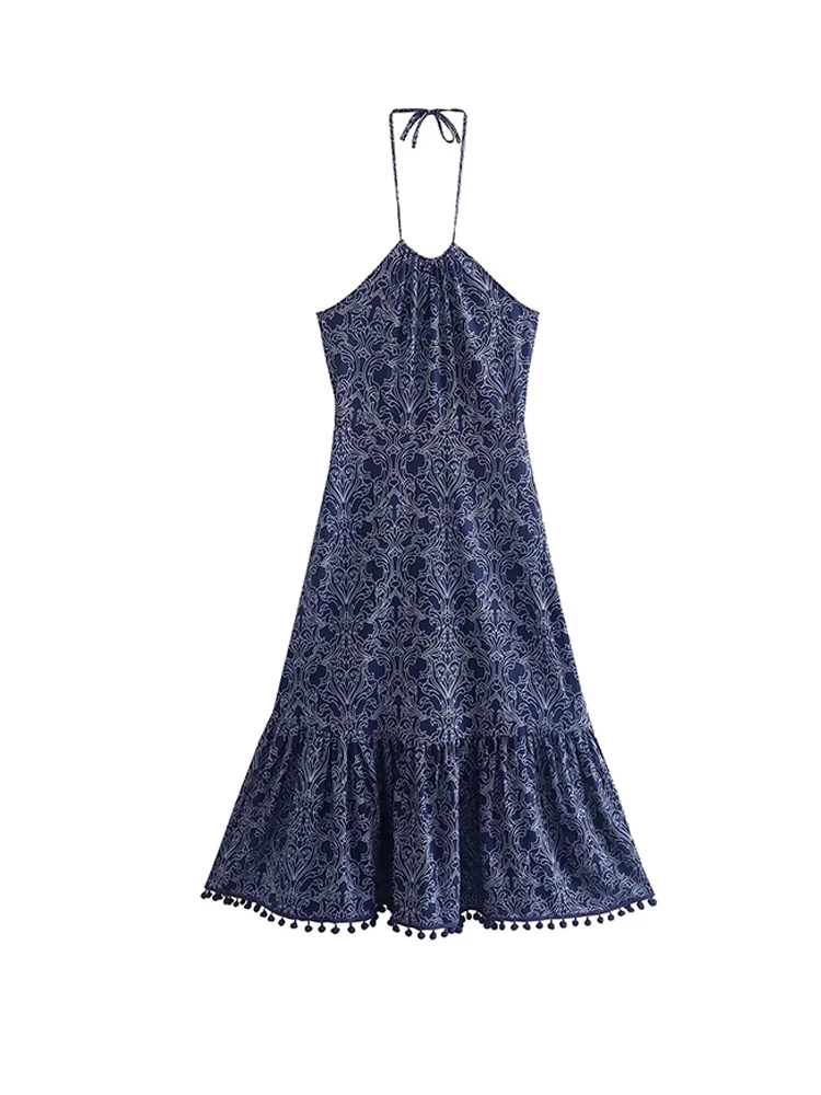 Summer Drak Blue Halter Dress Women Sleeveless Bohemian Print Backless Midi A-line Tassel Hem Dresses 2022 robe femme
Summer Drak Blue Halter Dress Women Sleeveless Bohemian Print Backless Midi A-line Tassel Hem Dresses 2022 robe femme