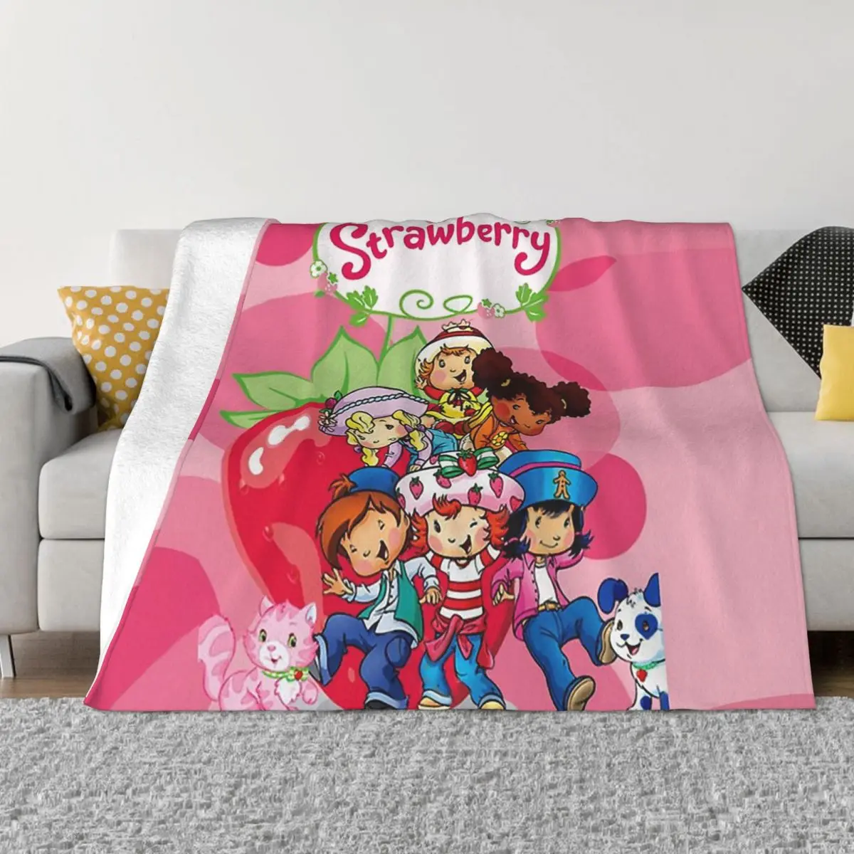 

Strawberry Shortcake Cartoon Blanket Flannel Decoration With Her Friends Portable Home Bedspread