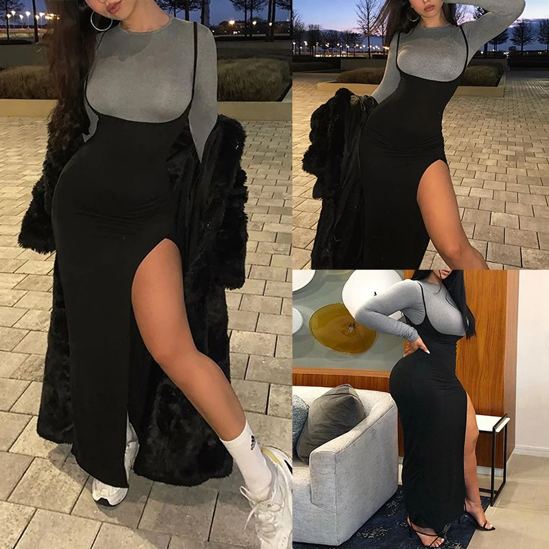 Sexy Black High Waisted a Line Suspender Skirts Womens Women High Split Long Maxi Skirt 
Sexy Black High Waisted a Line Suspender Skirts Womens Women High Split Long Maxi Skirt