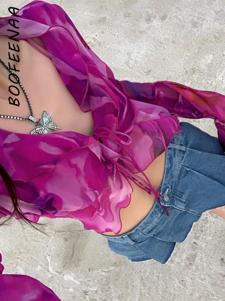 BOOFEENAA Purple Floral Print Cropped Blouse Ruffled V Neck Flare Long Sleeve Tops Tie Up Shirts Y2k Vintage Clothing C83-DZ16
BOOFEENAA Purple Floral Print Cropped Blouse Ruffled V Neck Flare Long Sleeve Tops Tie Up Shirts Y2k Vintage Clothing C83-DZ16